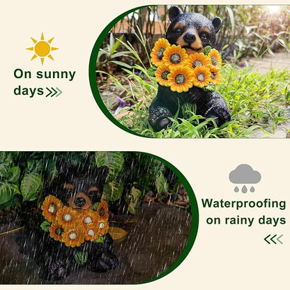 ILLUMINEW Solar Garden Lights Outdoor Statues Black Bear with Sunflowers, Sculpture Decor Mother Gifts for Women, Men or Daughter, Unique Garden Statues for Housewarming Gifts