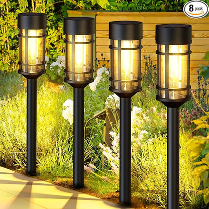 Solar Lights Outdoor Waterproof, 8 Pack 21" Solar Pathway Lights with Metal & Glass, Auto On/Off Garden Lights for Yard, Landscape, Driveway Walkway