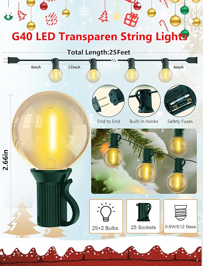 Christmas Backyard String Lights, 25ft 27 LED Waterproof