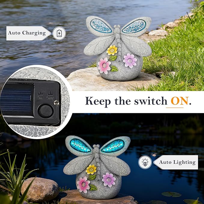 Solar Dragonfly Garden Decor with Cracked Glass Wings, Outdoor Resin Dragonfly Statue with Solar Light for Patio, Balcony, Yard, Lawn, Ornament Gift for Housewarming, Christmas, Thanksgiving Day
