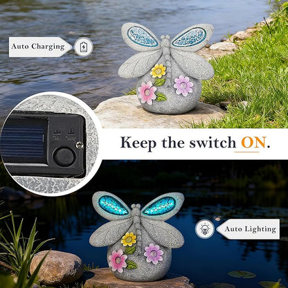 Solar Dragonfly Garden Decor with Cracked Glass Wings, Outdoor Resin Dragonfly Statue with Solar Light for Patio, Balcony, Yard, Lawn, Ornament Gift for Housewarming, Christmas, Thanksgiving Day