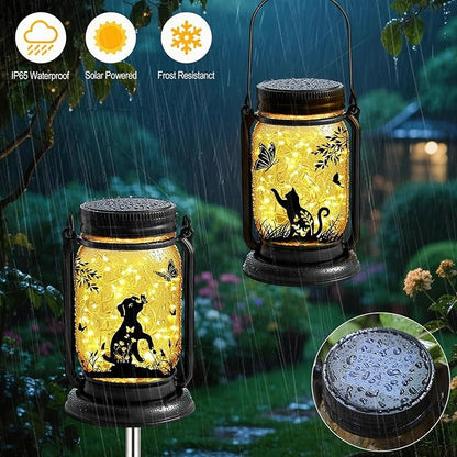 2 Pack Cat Solar Lanterns Outdoor, Cat & Dog Butterfly Vintage Glass Mason Jar, Birthday Mothers Day Gifts for Mom, Grandma, Women, Waterproof Garden Lights for Patio Yard Lawn Tree Decor