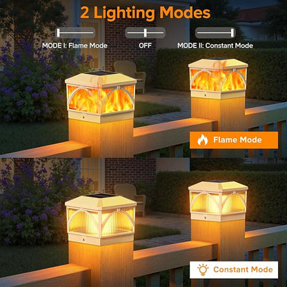 LETMY 4 Pack Solar Flame Post Cap Lights Outdoor- Flickering Flame & Warm Light 4x4 Fence Post Solar Lights Outdoor Waterproof for Fence, Garden, Yard, Deck, Patio Decor, 4X4 Vinyl Wooden Posts(White)