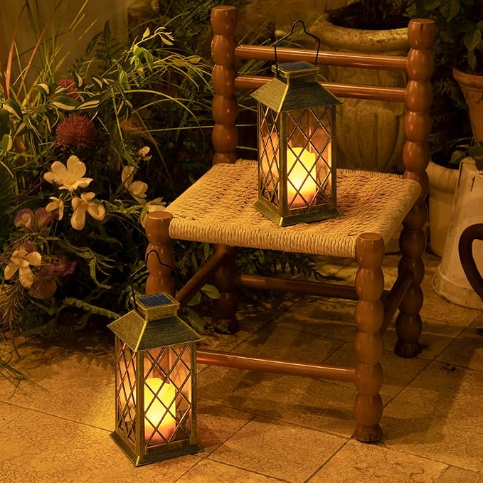 2Pack 10" Outdoor Solar Lanterns Waterproof Garden Patio Lantern Lights Flickering Candle Mission for Outside, Party, Yard, Lawn, Mothers Day Gifts Garden Gifts for Mom Women (Antique Green Bronze)
