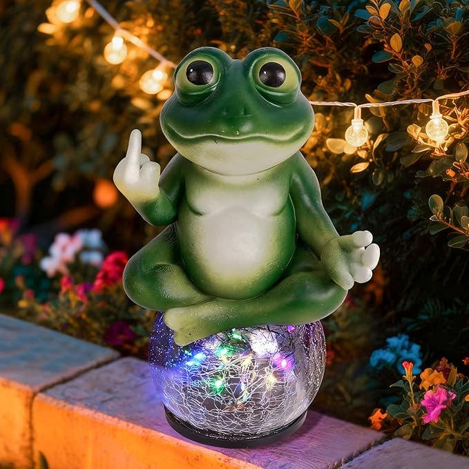 Funny Meditating Frog Garden Statue - Outdoor Statues & Yard Art for Patio Backyard - Sassy Zen Frog Statue with Solar Lights - Unique Birthday Gifts for Mom Grandma & Gag Gift for Friends
