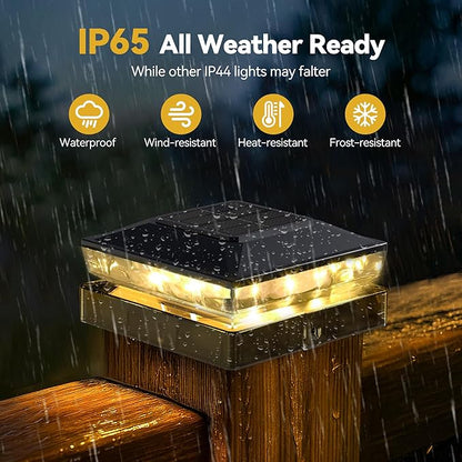 Solar Post Cap Lights, 2 Pack Upgraded Outdoor Deck Fence Post Solar Lights for 4x4 5x5 Wood/Vinyl Posts, IP65 Waterproof, 10-12 Hours Warm White Glow for Garden/Patio/Porch - Black
