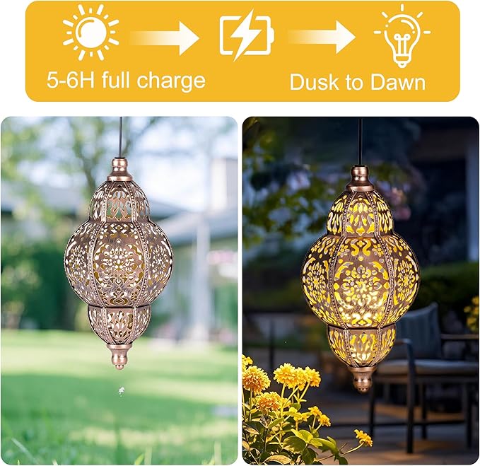 Hanging Solar Lanterns Outdoor Waterproof, Moroccan Solar Lanterns for Outside Garden Decor, Outdoor Hanging Lantern Gardening Gifts for Women Mom Grandma, Yard Patio Lawn Decorations
