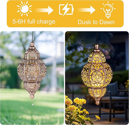 Hanging Solar Lanterns Outdoor Waterproof, Moroccan Solar Lanterns for Outside Garden Decor, Outdoor Hanging Lantern Gardening Gifts for Women Mom Grandma, Yard Patio Lawn Decorations