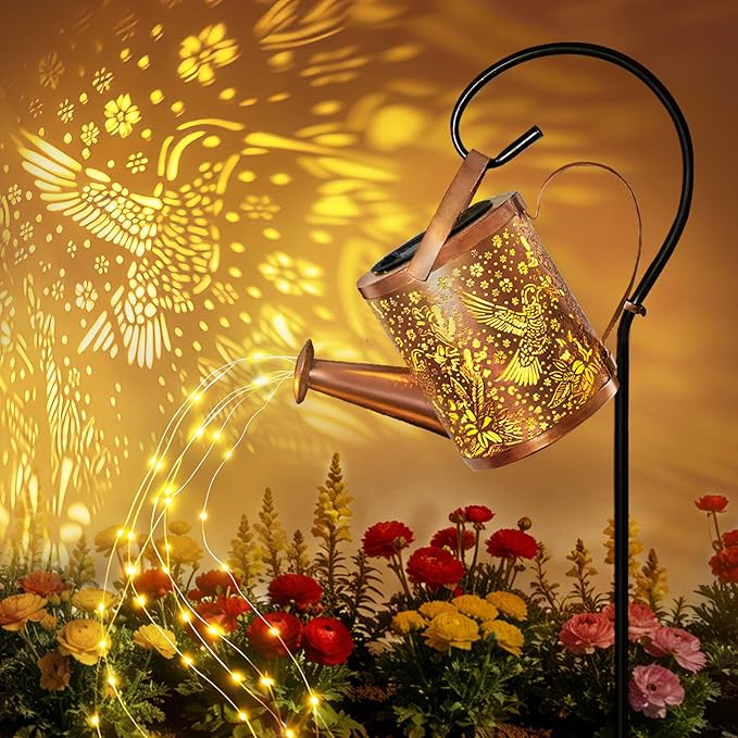 Ollny Solar Watering Can with Cascading Lights Outdoor Garden Decor, Birthday Gifts for Mom Grandma Women, IP65 Waterproof 2 Lighting Modes Hanging Lanterns for Yard Patio Lawn (Hummingbird)
