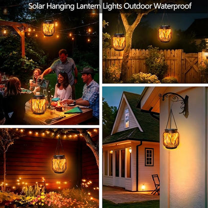 Solar Hanging Lantern Lights Outdoor Waterproof, 2 Pack Solar Flame Lantern with Hook, Metal Hanging Lanterns for Outside, Led Porch Lanterns for Patio Tree Camping Garden Decorative Lights