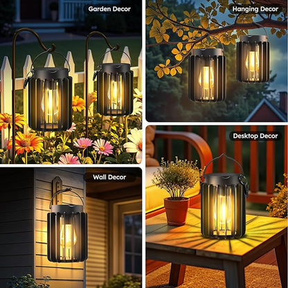 Solar Lanterns Outdoor Waterproof, Brighter Up to 12 Hrs Outdoor Hanging Solar Lights, Outside Hanging Lanterns for Garden Porch Patio Yard Decor, Gifts for Women Mom Father Black 2 Pack