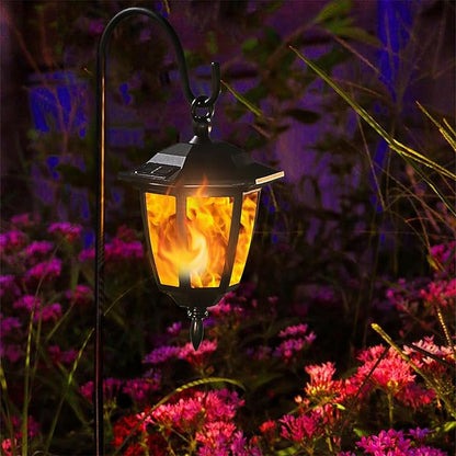 Dynaming 4 Pack Solar Flame Hanging Lights Outdoor, Halloween Solar Flickering Flame LED Garden Lanterns with 4 x 38 Inch Shepherd Hooks, Christmas Lighting for Lawn Patio Yard Pathway Driveway