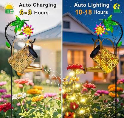Christmas Gifts Solar Metal Watering Can with Hummingbird Shepherd Hook and Cascading Lights, Outdoor Solar Lantern for Garden, Yard, Patio Decor and Gardening Gifts for Women Mother's Day