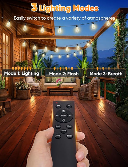 Brightever 200FT Outdoor String Lights with Remote, 2700K/4000K/5000K Selectable LED Patio Lights with 60+2 ST38 Vintage Edison Bulbs, 3 Lighting Modes, 3H/5H Timer, Dimmable String Light for Outside