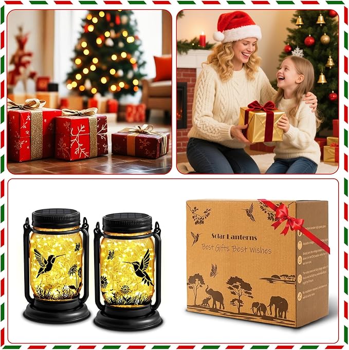 2 Pack Hummingbird Solar Lantern Outdoor Garden Decor,Birthday Gifts for Women Mom Grandma, Waterproof Hanging Vintage Glass Mason Jar Outside for Yard,Patio, Backyard,Porch,Tree, Pathway