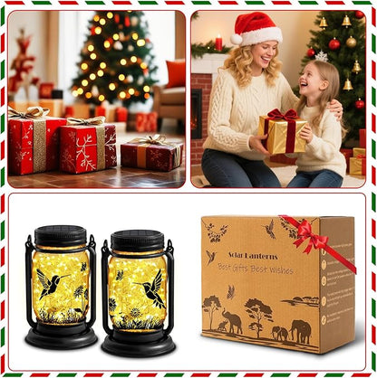 2 Pack Hummingbird Solar Lantern Outdoor Garden Decor,Birthday Gifts for Women Mom Grandma, Waterproof Hanging Vintage Glass Mason Jar Outside for Yard,Patio, Backyard,Porch,Tree, Pathway