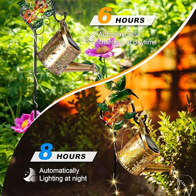 Solar Watering Can,Solar Lanterns Outdoor Waterproof Lawn Ornaments Gifts for Women with 6.3 * 31.2 Inch Shepherd Hooks for Patio Yard Festival Pathway Landscapegarden Decor