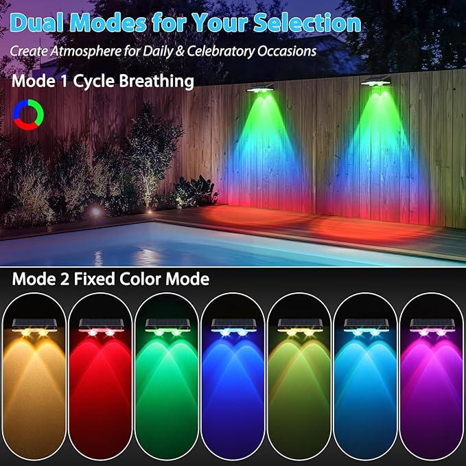 Solar Fence Lights 12-Pack, Waterproof Solar Powered Outdoor Deck Light with Warm White & 6 RGB Colors & 2 Lighting Modes, LED Solar Step Stairs Light for Deck, Fence, Outside, Patio, Garden, Backyard
