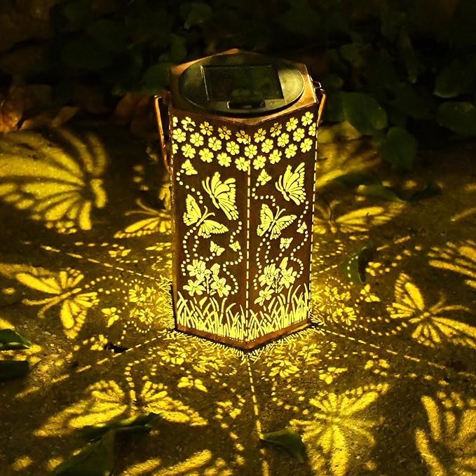 Solar Butterfly Lanterns Outdoor Hanging Lights, Gifts for Mom Dad Men Women, Hollowed-Out Metal Decor Lantern, Waterproof LED Decorative Garden Light for Patio, Yard, Pathway