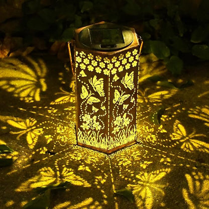 Solar Butterfly Lanterns Outdoor Hanging Lights, Gifts for Mom Dad Men Women, Hollowed-Out Metal Decor Lantern, Waterproof LED Decorative Garden Light for Patio, Yard, Pathway