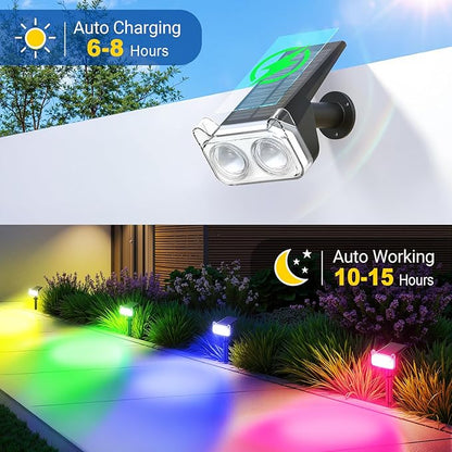 LETMY Solar Spot Lights Outdoor Waterproof with Bigger LED, 4 Pack 135°Adjustable Solar Lights Outdoor, 2-in-1 Wall Lights & 2 Modes Landscape Spotlights for Tree Yard Pathway Garden Decor(RGB Light)