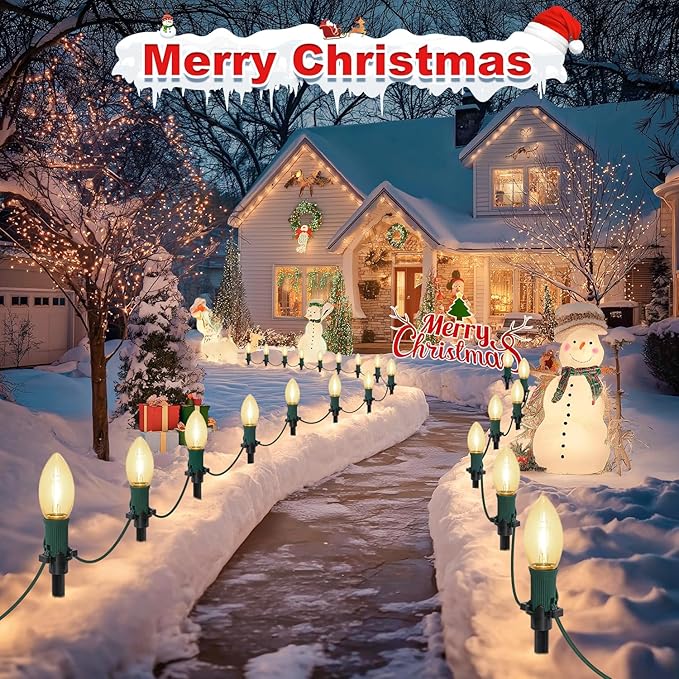 45Ft C9 30 Led Bulbs Christmas Pathway Lights Outdoor, Warm White Waterproof Connectable Christmas Walkway Lights for Driveway, Yard, Lawn, Sidewalk Decorations