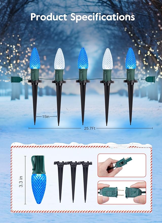 Brightown C9 Christmas Lights Outdoor, 25.7 Ft Strawberry C9 Christmas Pathway Lights with 20 LED Bulbs and Stakes, Christmas Decorations Outside Walkway Sidewalk Holiday, Blue and White