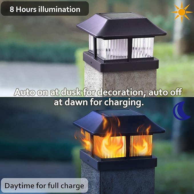 Dynaming 12 Pack Solar Flame Post Cap Lights Outdoor, Solar Powered Fence Post Light, Flickering Flame LED Lantern Lamps for Garden Deck Patio, Only Fit 4x4 Wooden Posts (True Size 3.5"x3.5")