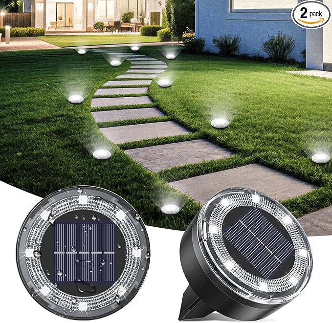 Solar Flat Disk Lights 2-Pack, Waterproof Landscape