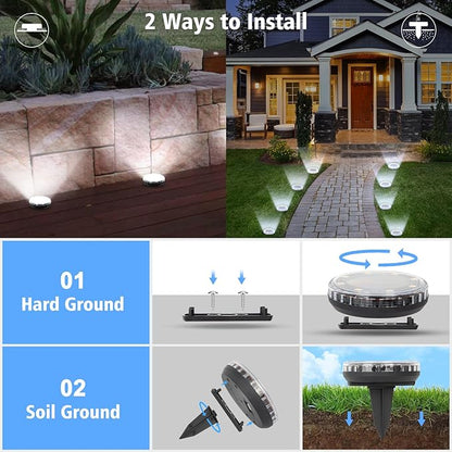 8 Pack Solar Ground Lights Outdoor Waterproof, 8 LED Solar Disc Lights, IP65 Waterproof Long Lasting Flat Light for Garden Pathway Walkway (Cool White)