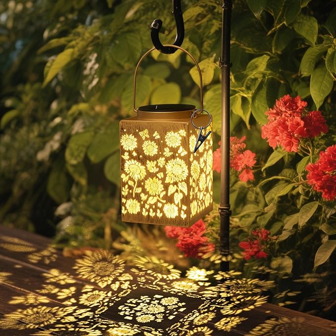 2 Pack Solar Lanterns - Waterproof Metal Hanging Solar Lights Outdoor Decorative, Solar Powered LED Lamp for Patio Tabletop Porch Deck Yard Garden Decor for Outside (Sunflower)