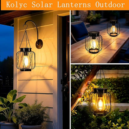 Solar Lanterns Outdoor 2 Pack, Metal Solar Hanging Lanterns with Hook - Outdoor Hanging Lantern Lights Waterproof, Bright Warm Lantern Decor for Outside Garden Yard Patio Pathway