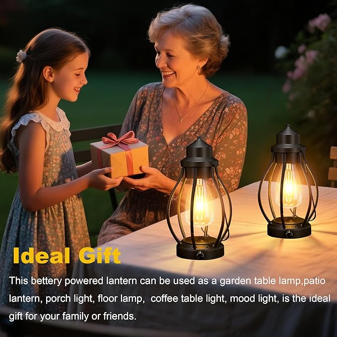 pearlstar Rechargeable Battery Operated Lantern 2 Pack Black Vintage Portable LED Decorative Camping Lamps Outdoor & Indoor, Dimming Warm Light with Timer, for Table Patio Garden Yard Pathway Porch