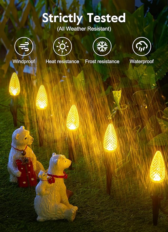 Brightown C9 Christmas Lights Outdoor, 25.7 Ft Strawberry C9 Pathway Lights with 20 LED Bulbs and Stakes, Christmas Decorations Outside Walkway Sidewalk Holiday, Warm White
