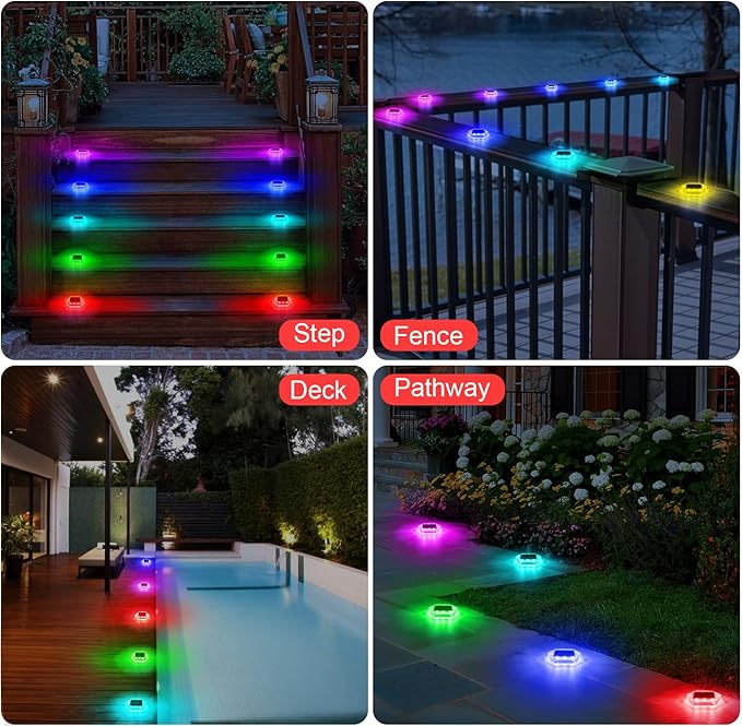 Solar Deck Dock Step Lights- 4 Packs Waterproof 1200mAh Auto ON/Off LED Solor Powered Stair Lights for Outdoor Garden, Patio, Pathway, Walkway, Driveway (Red & Green & Blue)