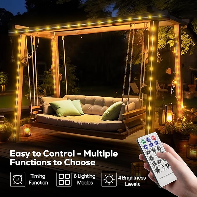 ICRGB Solar Rope Lights Outdoor, 39FT 100 LED Solar Rope Lights,IP67 Waterproof, 8 Modes, Outdoor Patio Porch Tree Wedding Christmas Pool Garden Decorative -Warm White