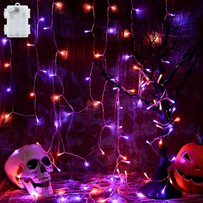 Halloween String Lights Battery Operated With Timer, Orange and Purple Outdoor 9.8ft 30LED, Decorations for Party Yard Pathway Indoor Outdoor