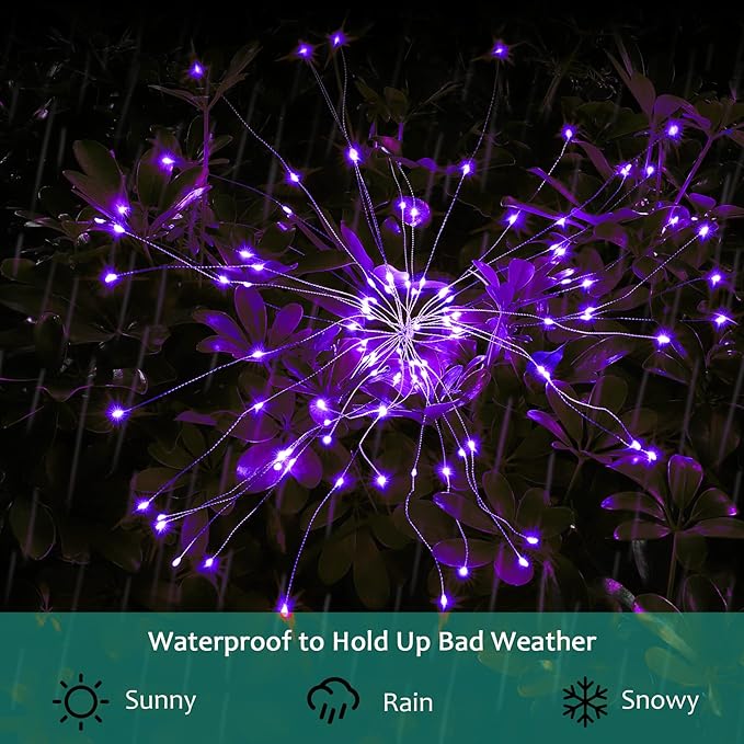 JJGoo Solar Firework Lights, 2 Pack 180 LEDs 2 Lighting Modes Solar Lights Outdoor Waterproof for Garden Patio Walkway Pathway Party Wedding Christmas Decorative - Purple