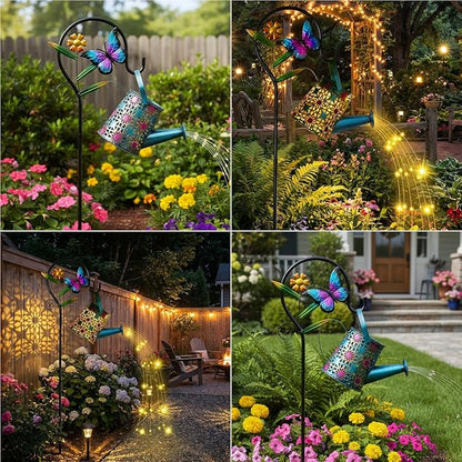 Solar Watering Can with Cascading Lights Outdoor Garden Decor,Waterproof Solar Lantern with Butterfly Shepherd Hook,Hanging Garden Lights for Outdoor Decoration,Unique Garden Gifts for Women