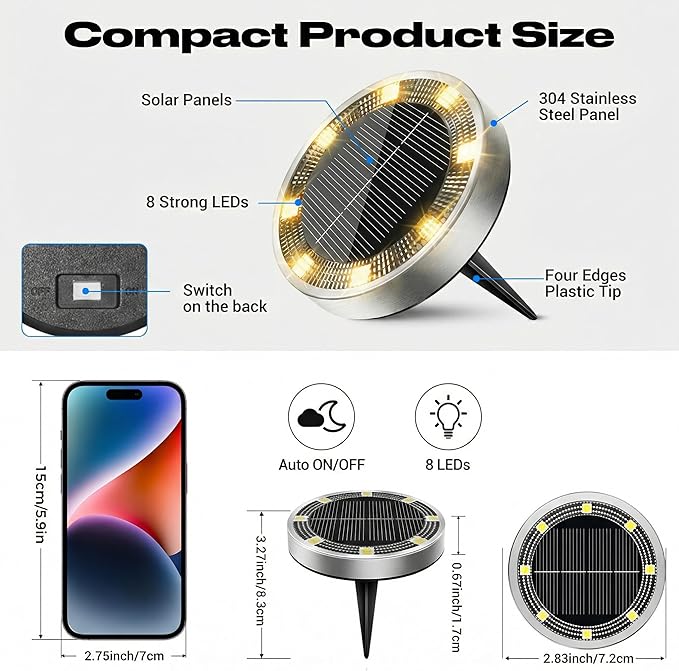 Peasur Solar Ground Lights Outdoor, 24 Pack Flat Solar Powered Disc Lights, IP68 Waterproof, Anti-Rust, Landscape Lighting for Pathway Garden Yard Lawn Walkway Landscape Driveway, Warm White