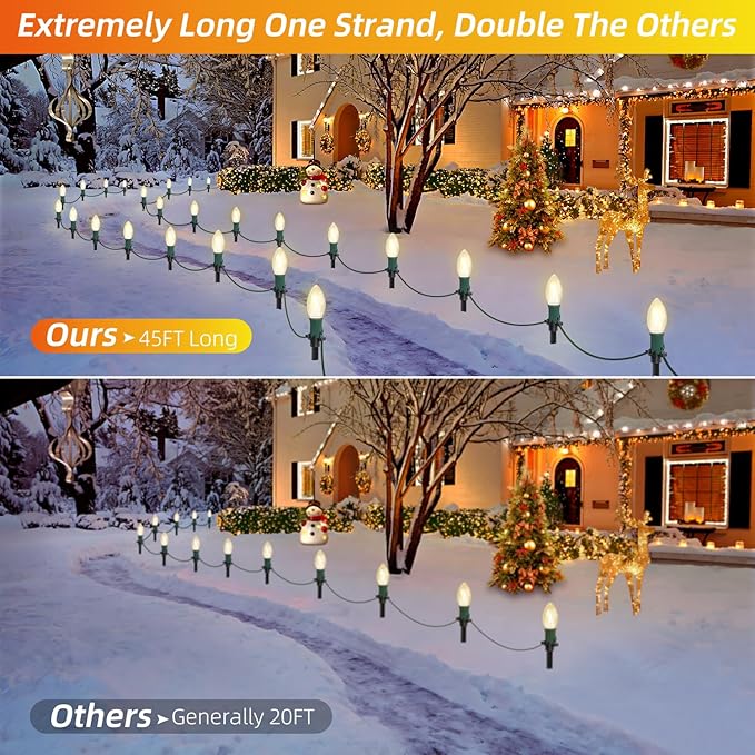 45Ft C9 Led Christmas Pathway Lights Outdoor, 30 Warm White Bulbs Waterproof Connectable Christmas Walkway Lights for Driveway, Yard, Lawn, Sidewalk Decorations