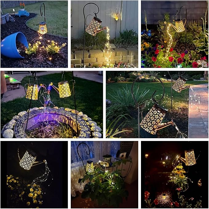 2 Pcs Solar Watering Can Lights, Hanging Solar Waterfall Lights Waterproof Outdoor Garden Decor Yard Art for Porch Landscape Patio, Gardening Gifts for Mom Grandma Women ( 2 Pack with Shepherd Hooks)