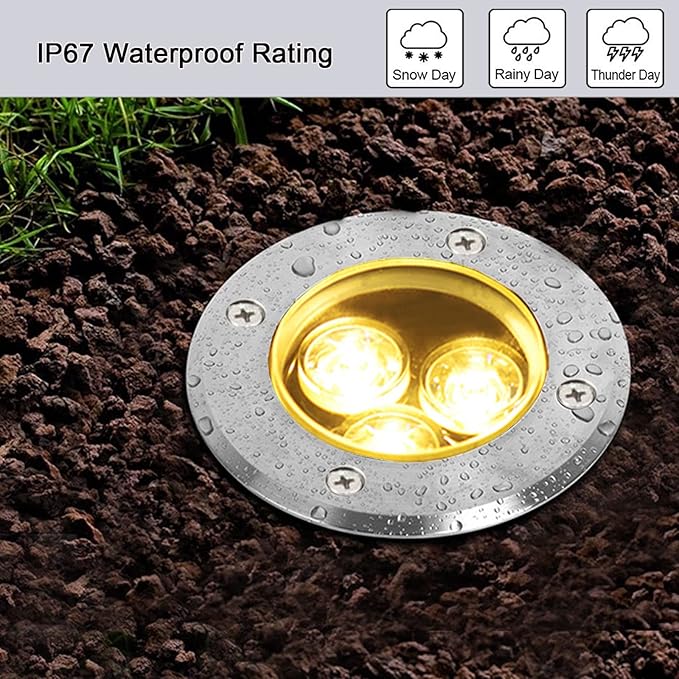 4 Pack Low Voltage LED Landscape Lights - 3W 12V/24V IP67 Waterproof In-Ground Well Lights with Convex Lens for Driveway, Garden, Pathway, Deck (Warm White 3000K) + 8 Wire Connectors Included