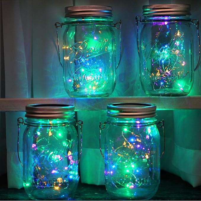 SmilingTown 30 LED 12 Pack Mason Jar Solar Lights Outdoor Colorful Solar Mason Jar Lid String Fairy Lights Hanging Lights for Patio Yard Garden Wedding Decorations[No Jar+12 Hangers]