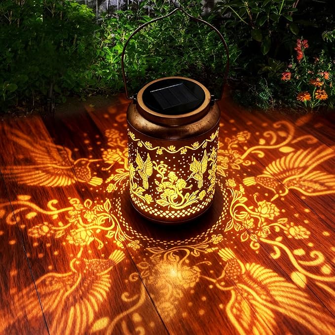 Hummingbird Solar Lanterns Outdoor,Metal Hanging Solar Lights with Hummingbird Projection-Waterproof Garden Decor for Yard,Patio,Backyard,Porch-Gifts for Women,Mom,Grandma,Sister