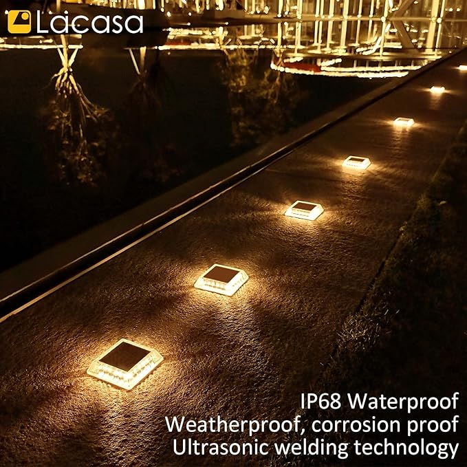 Lacasa Solar Deck Lights, 4 Pack 30LM LED Dock Light Warm White 2700K, Outdoor Solar Powered Step Light Up All Night IP68 Waterproof Auto ON/Off for Garden Stairs Driveway Pathway