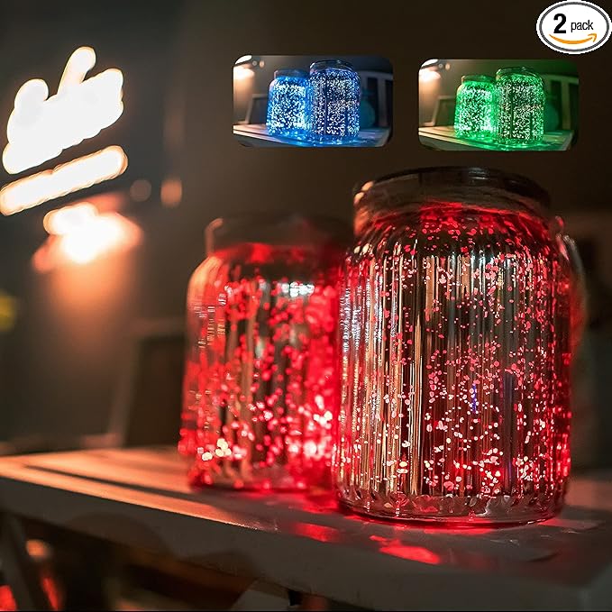 Hanging Solar Lantern Lights Outdoor 2 Pack,20 LED Solar Mercury Glass Mason Jar Hanging Lights Waterproof for Tree, Table, Yard, Garden, Patio, Holiday Party Outdoor Decor, Color Changing