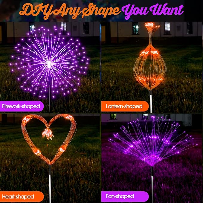 6 Pcs Christmas Solar Firework Stake Lights 180 LED 8 Modes Solar Waterproof LED Sparkler Lights Outdoor Decoration for Christmas Holiday Garden Patio Yard Pathway Walkway, Orange, Purple