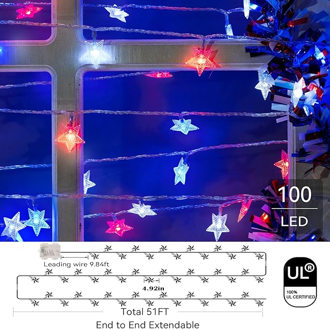 4th of July Decor Lights, Red White Blue Lights Battery Operated 100LED Patriotic Star String Lights 51FT 8Mode Waterproof for Indoor Outdoor 4th of July Independence Day Memorial Day Decor