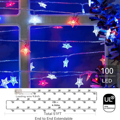 4th of July Decor Lights, Red White Blue Lights Battery Operated 100LED Patriotic Star String Lights 51FT 8Mode Waterproof for Indoor Outdoor 4th of July Independence Day Memorial Day Decor